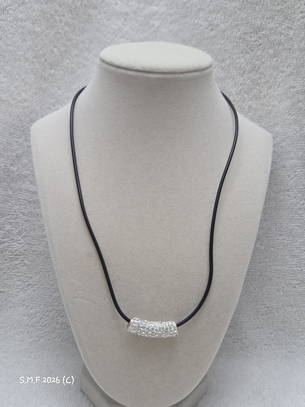 Pave Austrian Crystal Tube Slide Pendant on Black Rubber Cord Sterling Silver